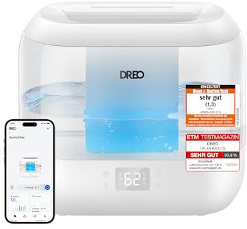 DREO 4L Smart Humidifier for Bedroom Baby, Cool Mist Humidifiers for Home, 28dB Quiet Humidifier, LED Display, Humidity Sensor, Oil Diffuser, 36H Runtime, Nightlight, Top Fill, Touch/APP/Voice Control