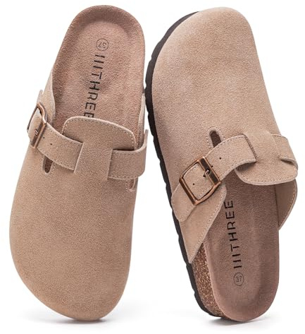 IIITHREE Women's Suede Clogs Cork Footbed Clogs for Women Soft Leather Adjustable Buckle Slip-on Potato Shoes Sandals Apricot