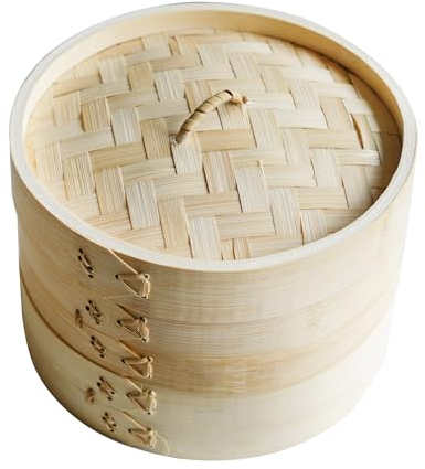 CAPACITEA Bamboo Steamer 2 Tier Ø20cm (8) Food Steamer Basket for Dim Sum, Vegetable, and Bao Buns