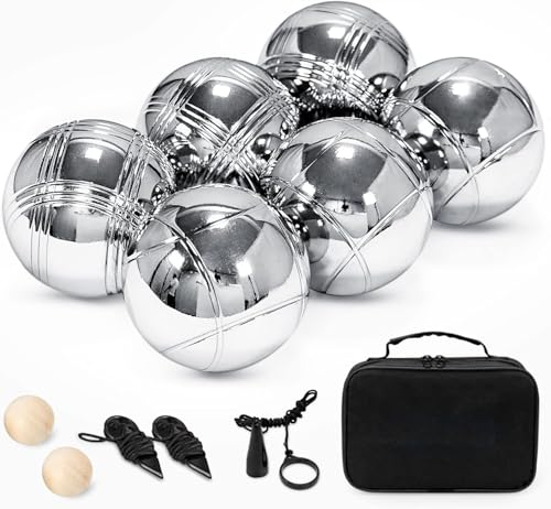 Truevaste Boule Set, 6 Boccia aus Metall, mit 2 Holzkugeln, 2 Abstandsmesser, 1 Boules-Kugel Magnetvorrichtung & Tragetasche, Outdoor Freizeitspiele Boule-Spiele für den Garten oder den Strand