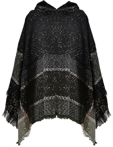 TBSCWYF Poncho Femme Elegant à Capuche Poncho Hiver Chaud avec Frange Ponchos ChâLe Capes Femme Poncho Châle Femme Elégant Chaud Ouvert Devant avec Bouton à Franges pour l' Automne Hiver
