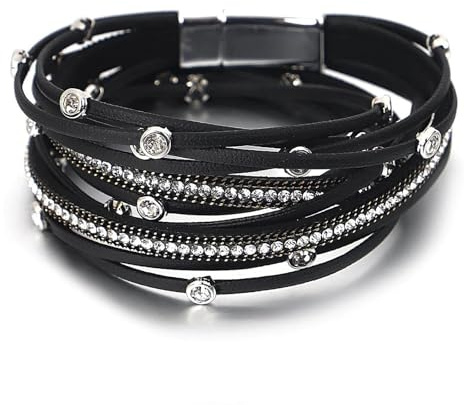for Mom Leopard Bracelet for Women, Boho Leather Wrap Multi-Layer Pearl Crystal Bracelet Bangle Jewelry(Rhinestone(Black))
