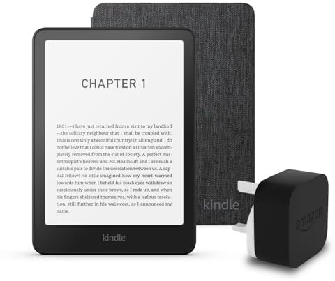 Kindle Paperwhite (2024 Release) 16 GB without ads, an Amazon Fabric Cover and an Amazon Powerfast 9W Power Adapter