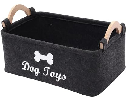 ChAusa Dog Toy Basket Storage Dark Grey Puppy Toy Box Storage Basket with Wooden Handle Toy Box Large Dog Toy Basket for Organizing Pet Toys, Blankets, Leashes (38cm x 25cm x 18cm)