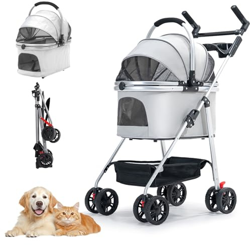Siairo Poussette pour Chien 3-en-1, Poussette pour Chien Pliable Petits Chiens et Chats jusqu'à 20 kg, Roues Résistant à l'Usure à 360°, Animaux Sac de Transport Pliable (Gery)