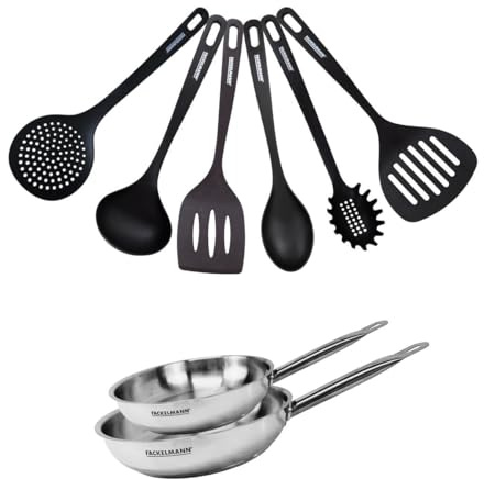 Fackelmann Poêles 20 et 24 cm Acier Inox 18/8 6 Ustensiles Eterna Tous Feux Induction PFAS-Free Manche Riveté