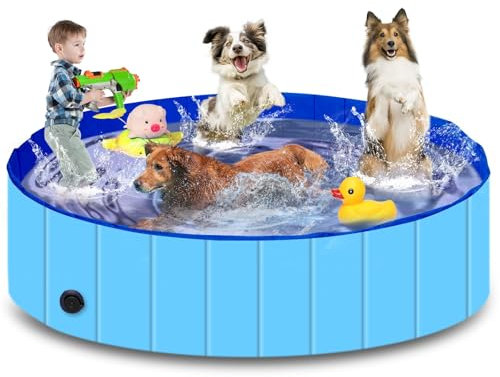 Hundepool, 160cm*30cm, Zusammenklappbarer Robuster Wasserdichter Schwimmpool für Kleine, Mittelgroße & Große- Anti-Rutsch Badewanne mit Verschleißfester Oberfläche für Katzen und Hunde im Garten
