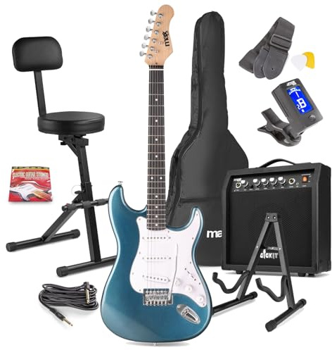 Max GigKit Beginner Electric Guitar Starter Kit - Blue with 40W Amplifier, Folding Guitar Stool & Floor Stand Complete Musical Instrument Set for New Guitarists