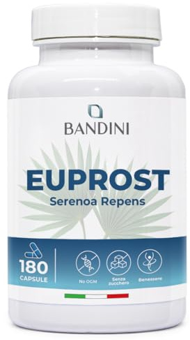 Bandini® Euprost Serenoa Repens | 180 Capsule Vegetariane | 6 Mesi di Scorta | Saw Palmetto, Semi di Zucca, Ortica Polvere, Zinco, Vitamina D3, Vitamina B6 | Ingredienti Naturali per l’Uomo