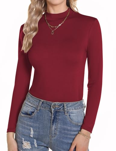 Aottori Camiseta Cuello Alto Mujer Manga Larga Basica Ropa Interior Algodón con Cuello Vuelto Slim Fit Ligera Térmica Primavera Otoño Invierno Rojo Vino XL