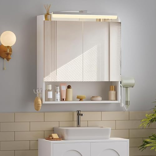 Hzuaneri Bathroom Cabinet with Mirror, LED Lights, Hair Dryer Shelf and Hooks