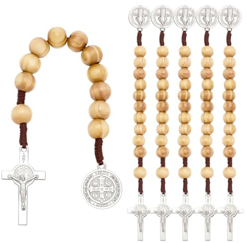 FINGERINSPIRE 6 Pz Rosario in Legno con Medaglia di San Benedetto e Crocifisso, Rosario Tascabile da 19cm Coroncina in Legno Massello con Medaglia di Santi e Croce per Preghiera, Meditazione e Fede