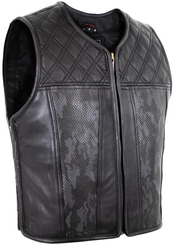 MDM Chaleco de piel de vacuno para hombre con estampado de camuflaje, Negro , M