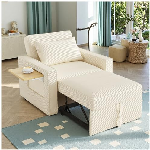 Wyibwy Sofá plegable multifuncional con puertos de carga USB y soporte para teléfono móvil; sillón reclinable individual convertible en sofá cama; tela de pana (beige)
