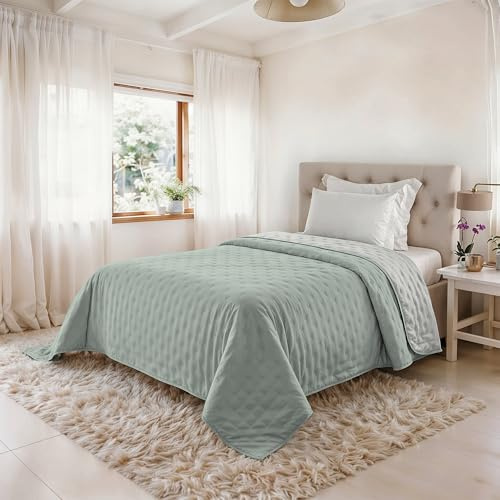 Trapunta Piazza e Mezza Primaverile in Microfibra, Copriletto Estivo Double Face - Trapuntino 100gr Morbido e Leggero - Coperta Letto Qualità Premium 220x250 cm – GREEN/BIANCO