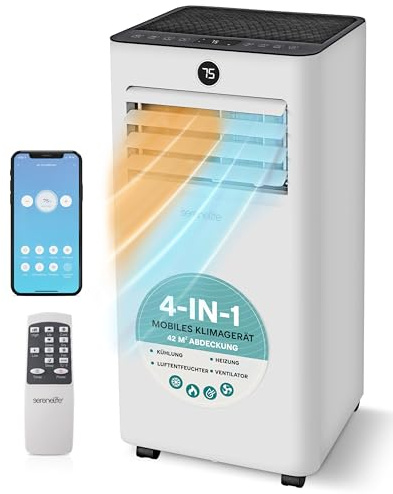SereneLife Condizionatore Portatile, Climatizzatore Portatile 9.000 BTU 4-in-1 con WiFi, Raffreddamento, Riscaldamento, Ventilatore e Deumidificatore, Pinguino Condizionatore, 31 m², Casa, Ufficio
