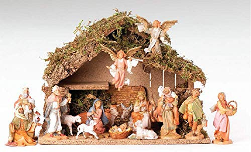 Fontanini by Roman, Italian Stable with 16-Piece Set, 5 Collection, Nativity Figures and Stable, Made in Italy