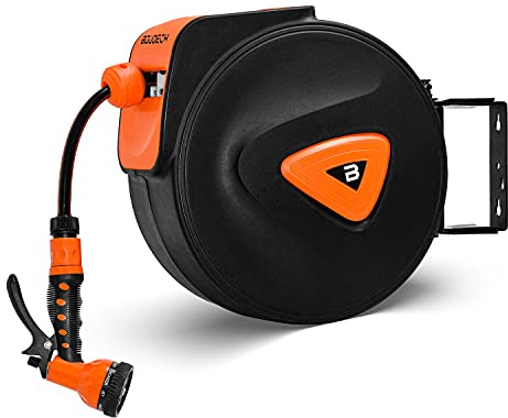 BOUDECH® KAI 10 - Avvolgitubo Automatico per Giardino Acqua Girevole ed Autoavvolgente Montaggio a Parete (10+1MT)