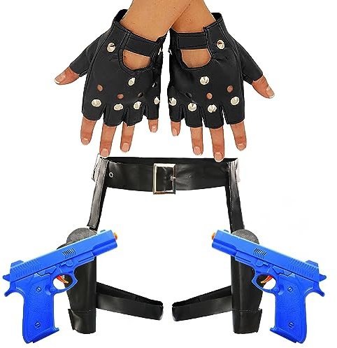 Pistolhölsterbälte och dubbade handske tillbehörsset – fuskläder bälte och hölster, 2 x blå plastpistoler och fingerlösa handskar – perfekt för utklädning av filmkaraktär och halloween maskeradfester