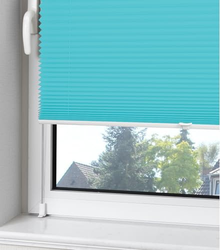 OUBO Plissee Klemmfix ohne Bohren Aluminium-Schienen, Blau 70 x 120cm(BxH), lichtdurchlässig & Blickdicht, Jalousie Faltrollo Innen für Fenster & Tür