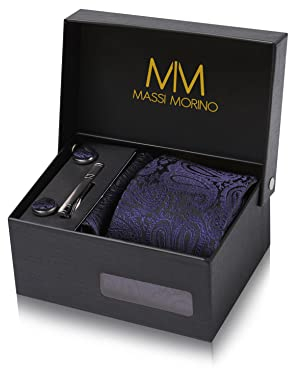 Massi Morino Krawatte Paisley Dunkelblau mit Einstecktuch Set Herren inkl. Manschettenknöpfe, Krawattennadel und Geschenkbox - Männer Krawattenset