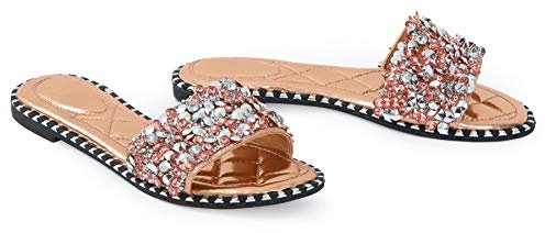shelikes Womens Slip On Ladies Flat Diamante Sliders Slip On Summer Sandals Mules Size