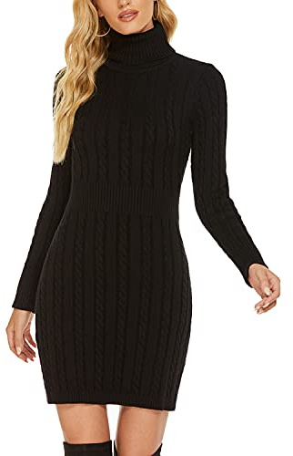 QUNERY Femme Elégant Robe Pull Longue Col Haut Manche Longue Casual Robe Automne d'hiver Slim Sweater Pullover A-Noir M