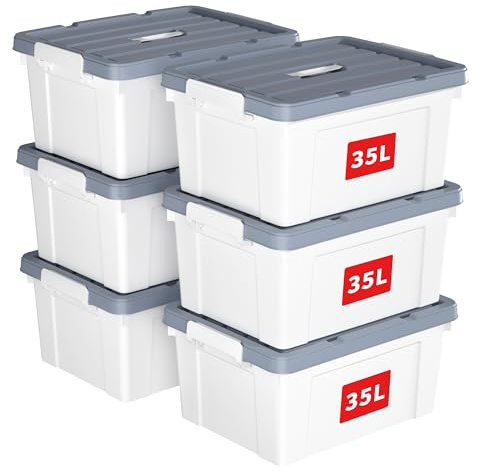 Cetomo 35L*6 Storage Boxes, Carry Plastic Storage Box with Lids, Organizing Container with Handle and Secure Latches, Nestable & Stackable Tote Box for Home Office, 35L-6 Pack, White