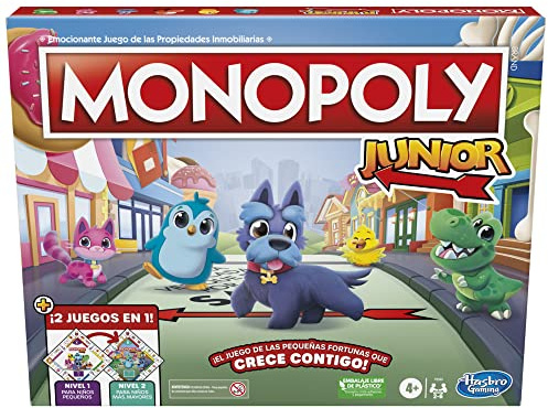 Hasbro Gaming, Monopoly Junior 2 en 1, Juego de Mesa de Estrategia, Diversión en Familia, Tablero Reversible, 6 Peones, Coche de Juguete, Patito y Dinosaurio, Regalos Educativos