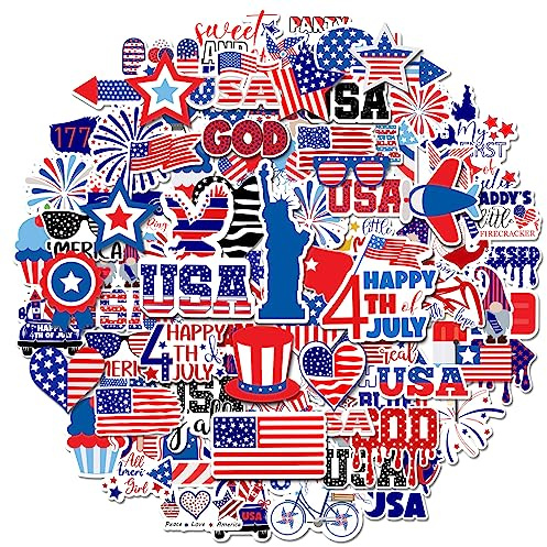 Treasure Cove Patriotic Stickers Vinyl Waterproof American Flag Water Bottle Decals for Veterans Memorial Day 4th of July Laptop Decorations 100Pcs