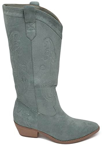 Stivali Texani camperos Donna trasversali camoscio Verde Salvia Tacco Western Legno 3 Cuciture in risalto Moda Tendenza (38 EU)