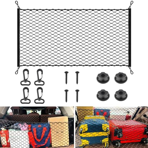 Gepäcknetz Auto 140x100cm Elastisch Kofferraumnetz für Ladungssicherung Mit 4 Haken, Sicherungsringe und Schrauben - Passend für Alle Autos und Wohnmobile