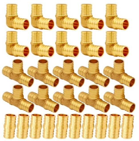 Uenede 30PCS LF Brass 3/4 Inch PEX Coupling Barb Crimp Pipe Tube Fitting Kit (10PCS Straight + 10PCS Elbow + 10PCS Tee)