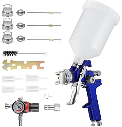 Rouwthio Mini HVLP Gravity Feed Spray Gun - Car & Furniture Repair with Air Pressure Regulator, 600 cc Paint Tank and 3 Nozzles (1.4MM, 1.7MM, 2.0MM)
