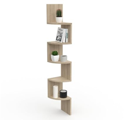 DORMIDAN- Estantería esquinera con 5 estantes, Estante de Pared, Organizador de Libros, decoración, Recuerdo, Estante de salón, Estudio, Cocina, Dormitorio (Roble)