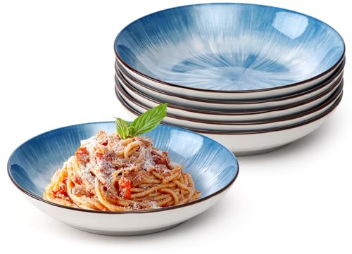 NUTRIUPS 20.5cm Pastateller, 6 Stück Suppenteller, 500ml / 16oz Suppenschüsseln, 8'' Porzellan Pastateller, Mikrowellen & Spülmaschinenfest(Blau)