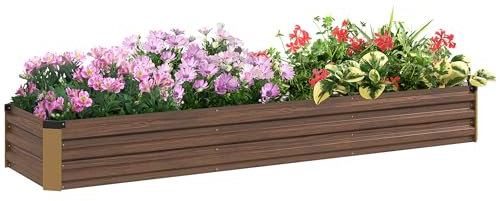 Outsunny Jardinière surélevée en acier à fond ouvert, bac à fleurs avec aspect bois, parterre de légumes, parterre d'herbes pour balcon, jardin, marron foncé, 240 x 60 x 30 cm