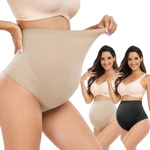 Hailycoco sous-vêtements de maternité sans Couture, String de maternité Taille Haute pour la Grossesse avec Soutien du Ventre, Nude+Nude+Black, Medium