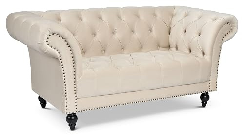 Bravich Chesterfield Velvet Sofa, Cream 2 Seater Sofa for Living Room Furniture, Classic Button Back Settee with Rolled Arms, Solid Wood Frame, 170cm x 58cm x 82cm