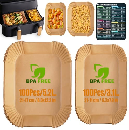 Anhow 200 PCS Papier Cuisson Air Fryer, Papier Sulfurisé pour Philips Dual Basket Airfryer série 3000 9L et Cecotec Airfryer Cecofry DuoSize 9000, Food-Grade BPA gratuit (100 PCS 5,2L + 100 PCS 3,1L)