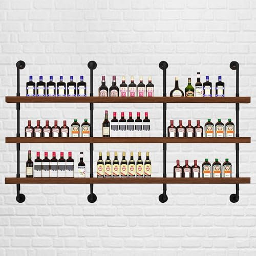 Générique Rack de vin Mural Industriel - étagère d'affichage à Bouteille d'alcool Mural avec lumière LED - Armoire à Barre Flottante et étagères à tuyaux pour Bar à Domicile, Salle à Manger, Cuisine