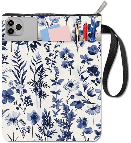 craspire Housse de Livre Florale Housse de Livre Bleu Vintage Housse de Protection de Livre pour Livre de Broche Housse de Livre en Tissu Lavable avec Fermeture à Glissière et Poche à Manches Extra