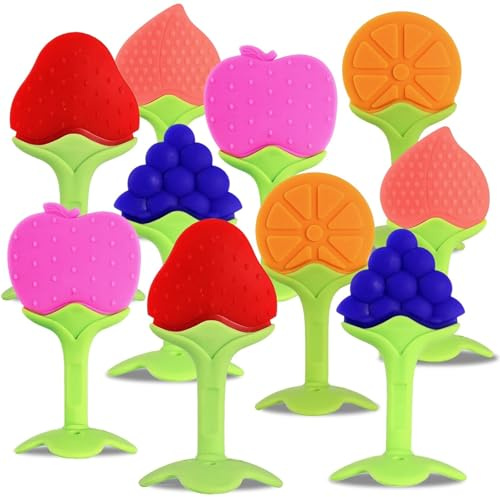 10 Pack Teething Toys for Babies, Silicone Fruit Baby Teethers Chew Toys, Soothe Babies Teething Relief Sore Gums Soft & Textured