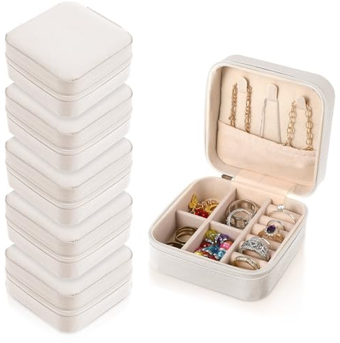 Nodaaiie 6 Pack White Travel Jewelry Case, PU Leather Mini Jewelry Organizer Box, Portable Earring Storage Box for Women, Girls, Bridesmaid Gifts(3.94 x 3.94 x 1.97 Inches)