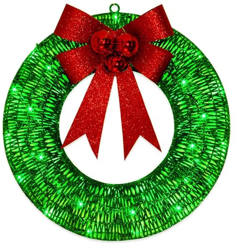 Odoukey 1pcs 11.81 Corona navideña con Luces y Arco, Corona Artificial de Metal Verde para la Puerta Delantera al Aire Libre y hogar d 茅 Cor