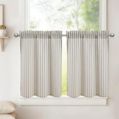 DWCN Grå randiga linneutseende fönstergardiner korta gardiner vardagsrum modern H 60 x 60 cm, fönstergardiner, halvtransparenta köksgardiner för barnrum, bistrogardin sovrum, skåpgardin