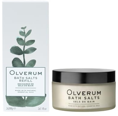 Olverum Magnesium Bath Salts for Women & Men - Luxury Muscle Soothing Bath Salts Muscle Soak Aromatic, Therapeutic Blend of Pure Essential Oils & Mineral Salts - 200g Jar & Refill Sachets Bundle