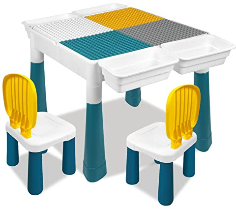 HENGMEI Kindertisch mit 2 Stühle mit 162 Stück Bausteine Kindersitzgruppe Mehrzweck Tabelle zum Kleinkind Spieltisch Kindermöbel für Jungen und Mädchen