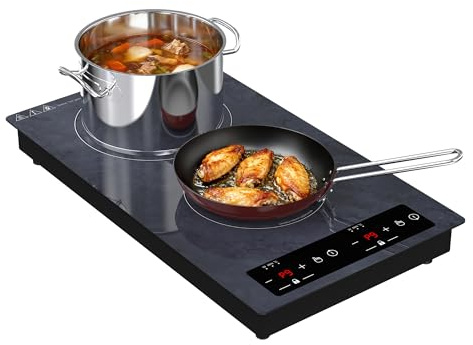 GTKZW Plaque Induction 2 Feux 3000W, Domino Plaque de Cuisson Électrique Encastrable ou Pose Libre avec 9 Niveaux et Minuterie, Réchaud Portable pour Camping-Car, Studio et Dortoir