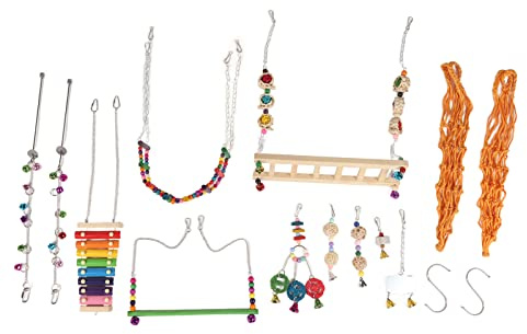 Kuuleyn Pollaio Giocattoli, 12 Pezzi Set da Gioco per Pollame, Legno Colorato Lira Altalena Ponte Sospeso Scala Forchette da Frutta Specchio Palla in Rattan Corda Giocattolo per